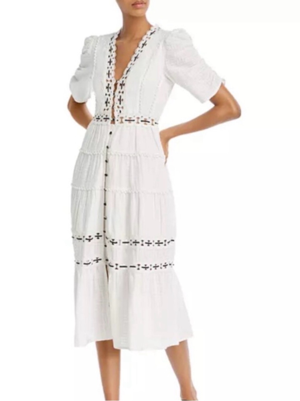 RAHI Anthropologie Marbella Nicola Ivory Crochet-Trim Midi Cotton Dress S Boho